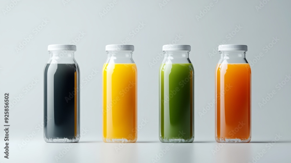 Colorful Bottles of Fresh Juice on Display Colorful Bottles of Fresh Juice on Display