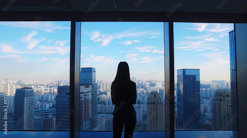 Silhouette of a person gazing out large windows at a stunning city skyline under a bright blue sky. Silhouette of a person gazing out large windows at a stunning city skyline under a bright blue sky.