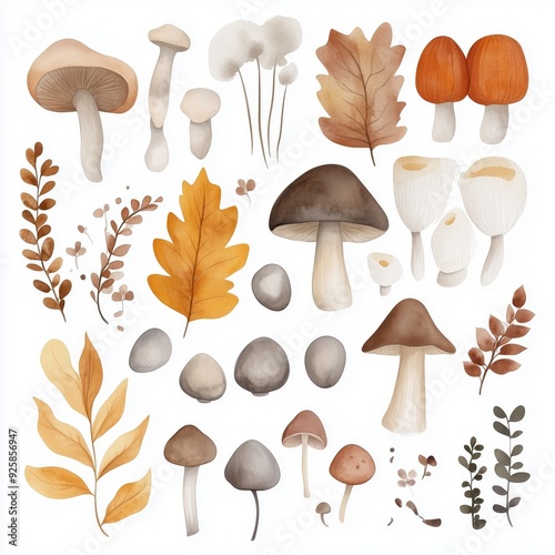 Collection of Various Mushrooms and Autumn Leaves in Watercolor Style - Nature Inspired Botanical Illustration with Earthy Tones