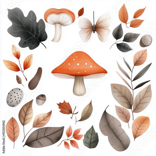 Autumn Nature Collection: Mushrooms, Leaves, and Butterflies in a Minimalist Design with Warm Earth Tones