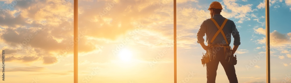 Construction worker overlooking sunrise on job site Construction worker overlooking sunrise on job site