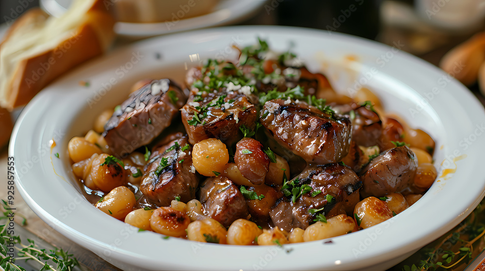 Cassoulet in a white plate, in a luxurious shop. Cassoulet in a white plate, in a luxurious shop.
