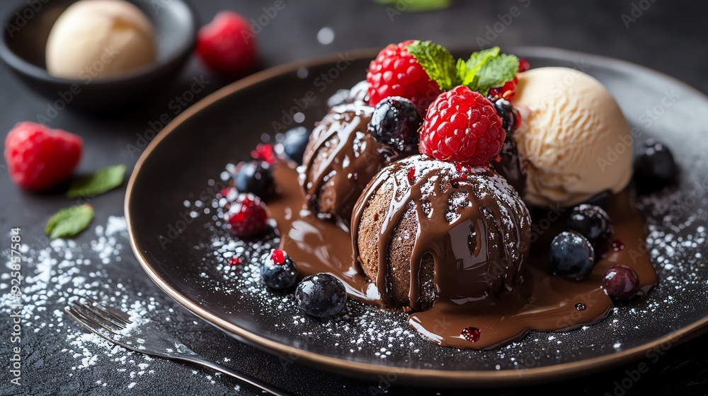 Chocolatedipped beignets filled with taffy, served with a side of ice cream and fresh berries, chocolate beignets taffy ice cream, decadent dessert bites Chocolatedipped beignets filled with taffy, served with a side of ice cream and fresh berries, chocolate beignets taffy ice cream, decadent dessert bites