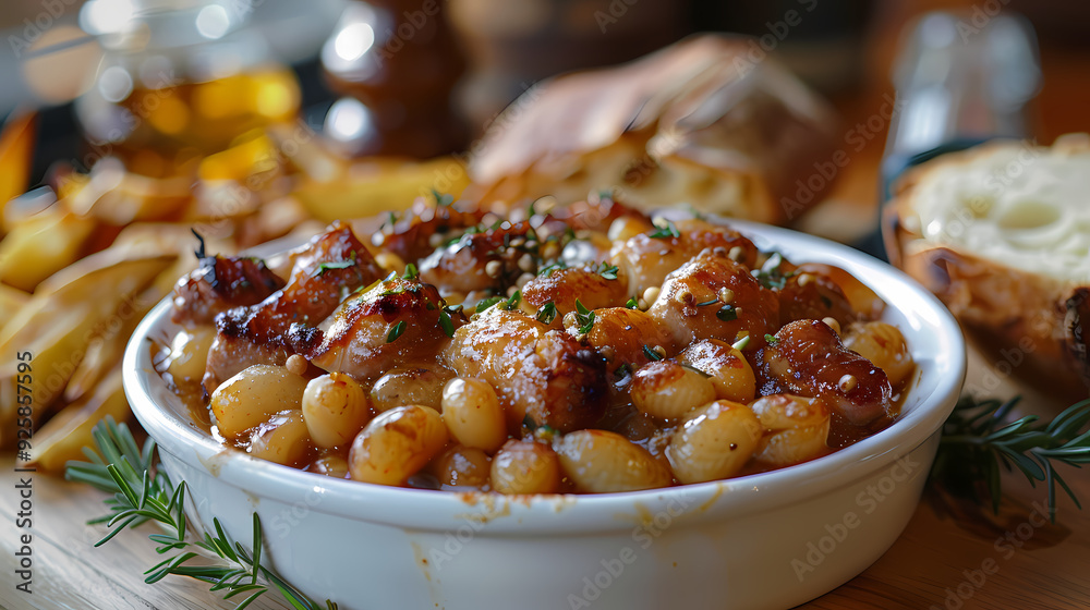 Cassoulet in a white plate, in a luxurious shop. Cassoulet in a white plate, in a luxurious shop.