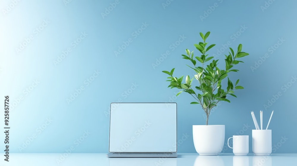 Minimalist Workspace with Laptop and Potted Plant Minimalist Workspace with Laptop and Potted Plant
