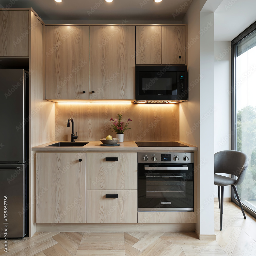 Modern kitchen with light wood cabinets and compact design Modern kitchen with light wood cabinets and compact design