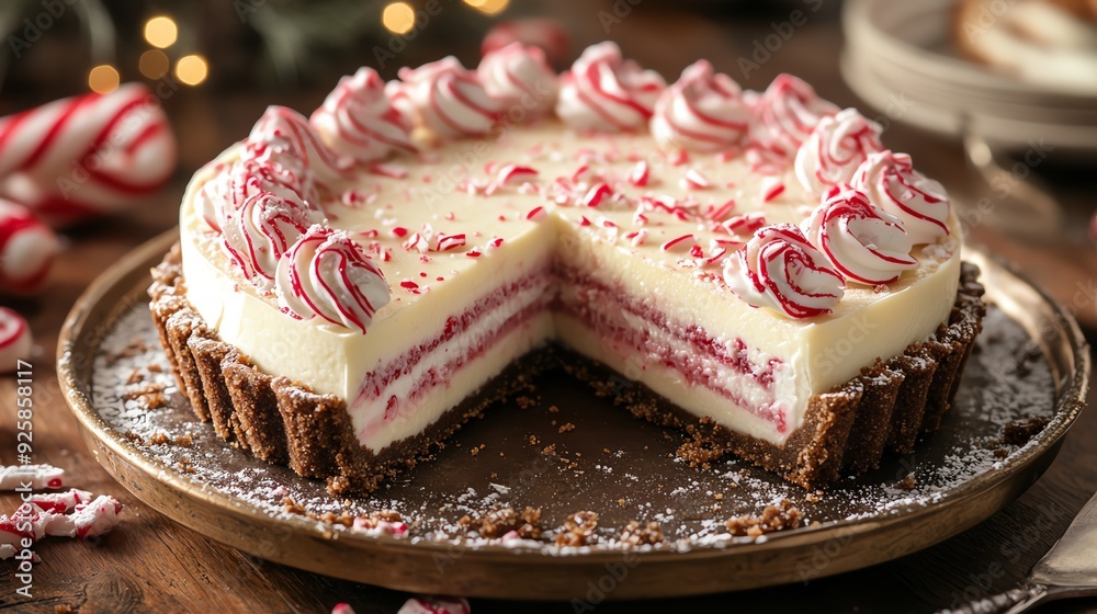 Layered tart with a candy cane crust, filled with vanilla cream, and garnished with delicate crepe rolls, layered tart candy cane crepes, elegant dessert creation Layered tart with a candy cane crust, filled with vanilla cream, and garnished with delicate crepe rolls, layered tart candy cane crepes, elegant dessert creation