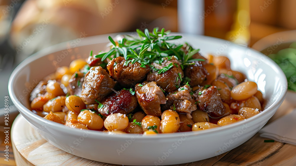Cassoulet in a white plate, in a luxurious shop. Cassoulet in a white plate, in a luxurious shop.