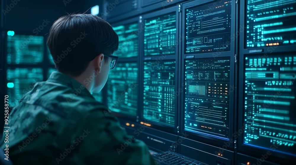 Military Cybersecurity Analyst Monitoring Data Servers Military Cybersecurity Analyst Monitoring Data Servers