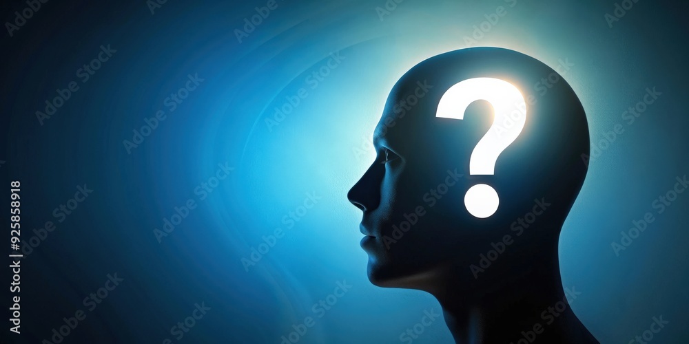 Silhouette of human head with question mark representing curiosity and search for answers, curiosity Silhouette of human head with question mark representing curiosity and search for answers, curiosity