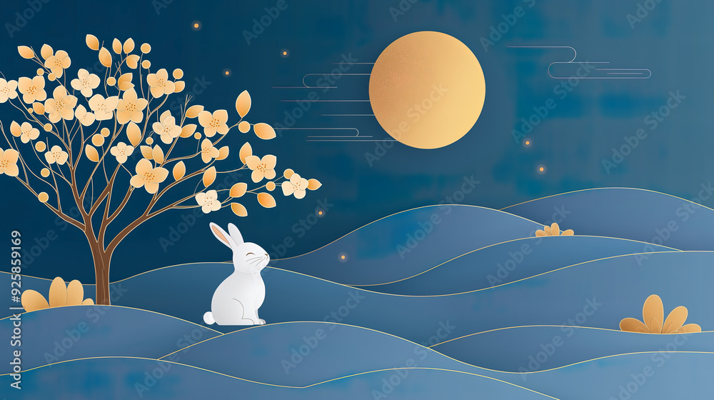 Abstract mountains and flower trees with full moon on a red background, golden line art Abstract mountains and flower trees with full moon on a red background, golden line art