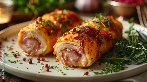 Chicken Cordon Bleu in a white plate, in a luxurious shop.