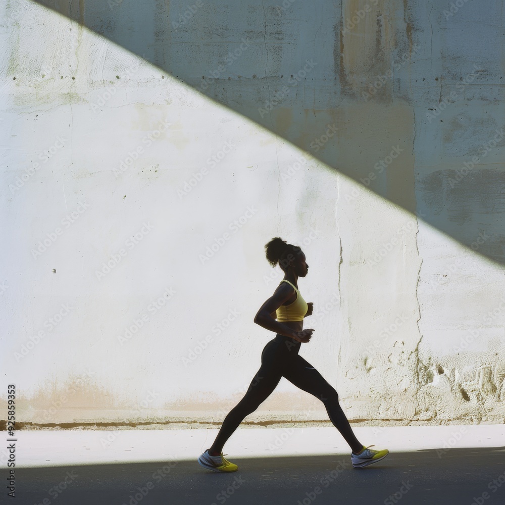 Fototapeta premium A woman in athletic wear jogs along a sunlit, empty street, the sun casting strong shadows and highlighting her silhouette with a sense of determination and motion.