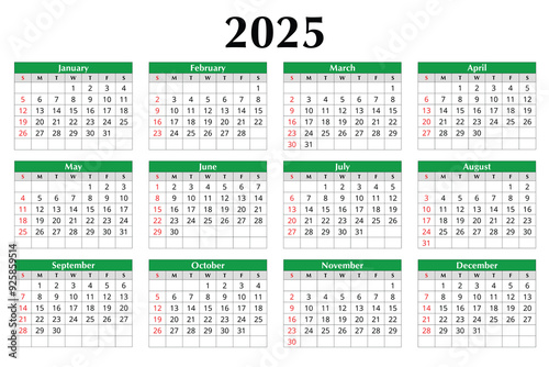 2025 english vector calendar. Modern, clean design with 12 months. Customizable for digital or print use