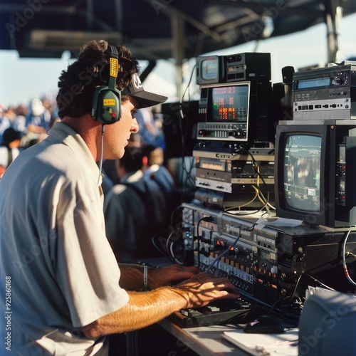 A technician in headphones operates sophisticated video and audio equipment at a live event, with multiple screens and a crowded background. photo