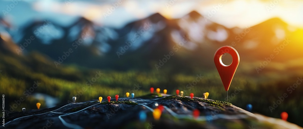 A scenic view of a map with location markers, highlighting exploration and adventure in a beautiful mountainous landscape. A scenic view of a map with location markers, highlighting exploration and adventure in a beautiful mountainous landscape.