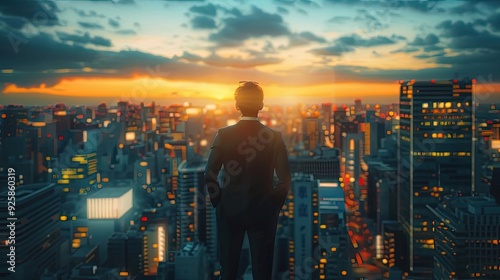 A person gazes over a vibrant city skyline at sunset, reflecting on the beauty and possibilities of urban life.