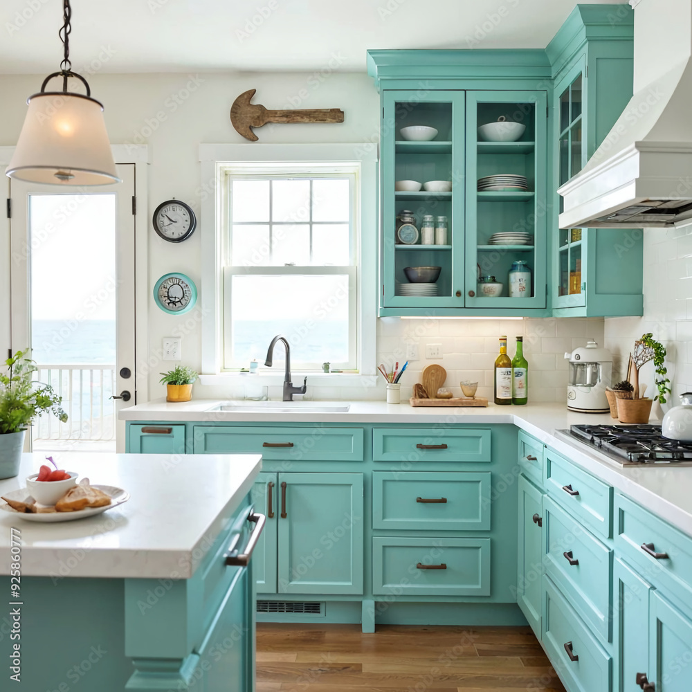 Coastal kitchen with turquoise cabinets and ocean view Coastal kitchen with turquoise cabinets and ocean view