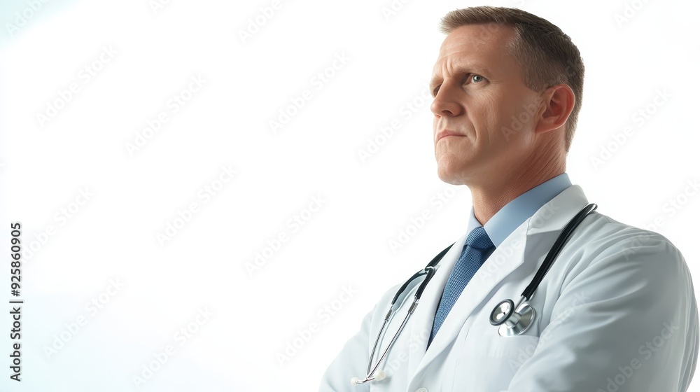 Serious male doctor in white coat with stethoscope, looking confident and focused, isolated against white background. Serious male doctor in white coat with stethoscope, looking confident and focused, isolated against white background.