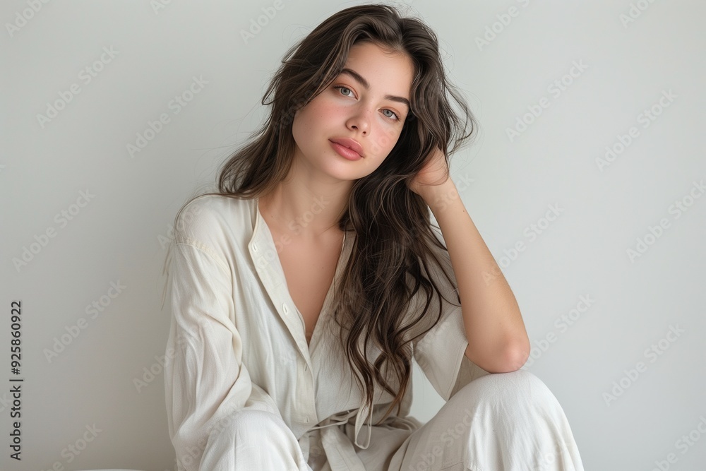 Portrait of a young woman with long brown hair wearing a white button-down shirt.