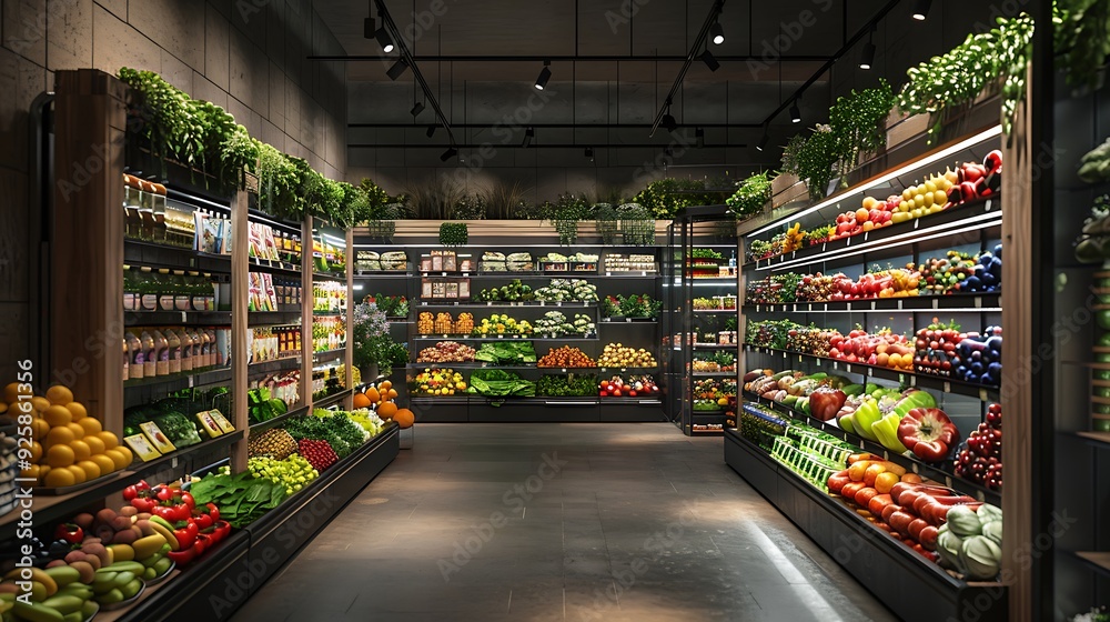 Fototapeta premium Nighttime view of a grocery store aisle, illuminated by bright lights, stocked shelves with various products, fresh produce neatly displayed, few customers shopping, calm and organized atmosphere,