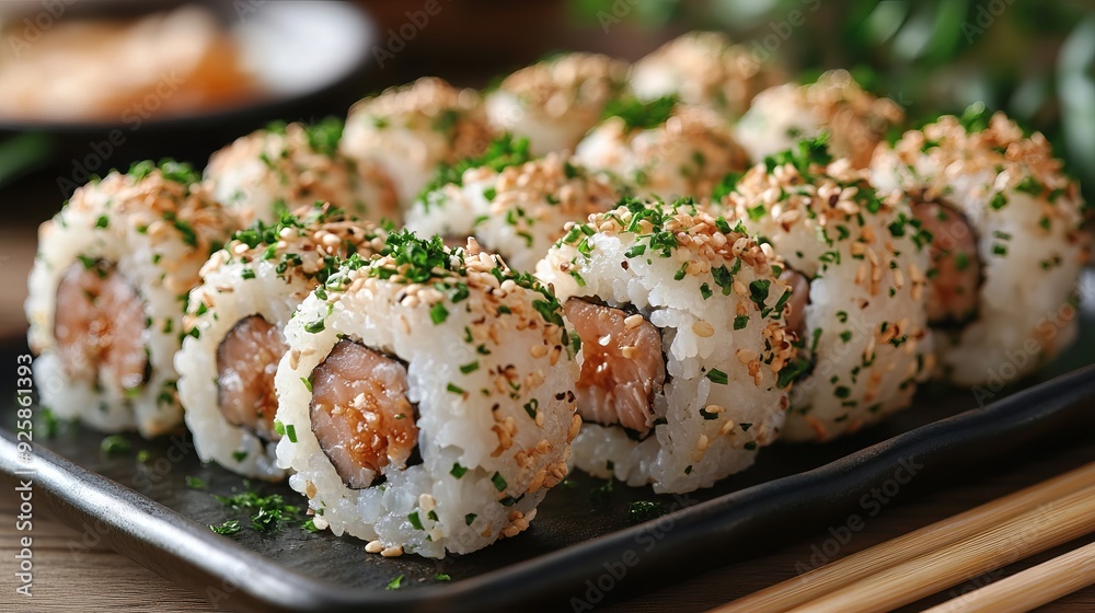 Fresh sushi rolls plated on a wooden table with garnishes Fresh sushi rolls plated on a wooden table with garnishes