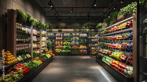 Nighttime view of a grocery store aisle, illuminated by bright lights, stocked shelves with various products, fresh produce neatly displayed, few customers shopping, calm and organized atmosphere,