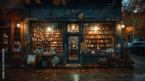 Nighttime view of an independent bookstore, illuminated by warm street lights, books displayed in the window, inviting entrance with a cozy glow, charming and nostalgic vibe, high-definition clarity. photo