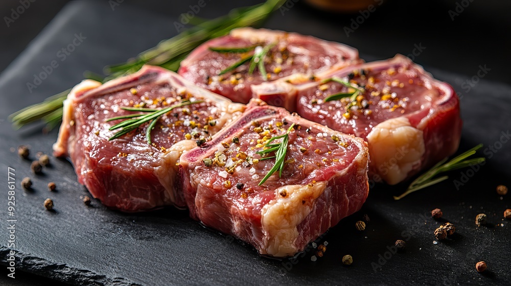 Fresh lamb chops seasoned with herbs on a black serving slate Fresh lamb chops seasoned with herbs on a black serving slate
