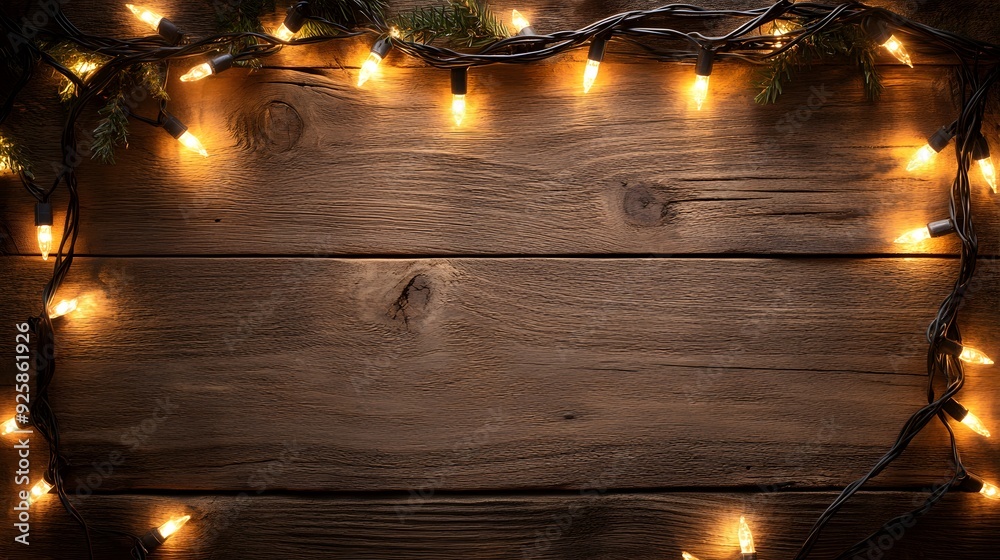 Twinkling Christmas lights gracefully framed against a rustic wooden background, creating a warm and festive holiday ambiance. Twinkling Christmas lights gracefully framed against a rustic wooden background, creating a warm and festive holiday ambiance.