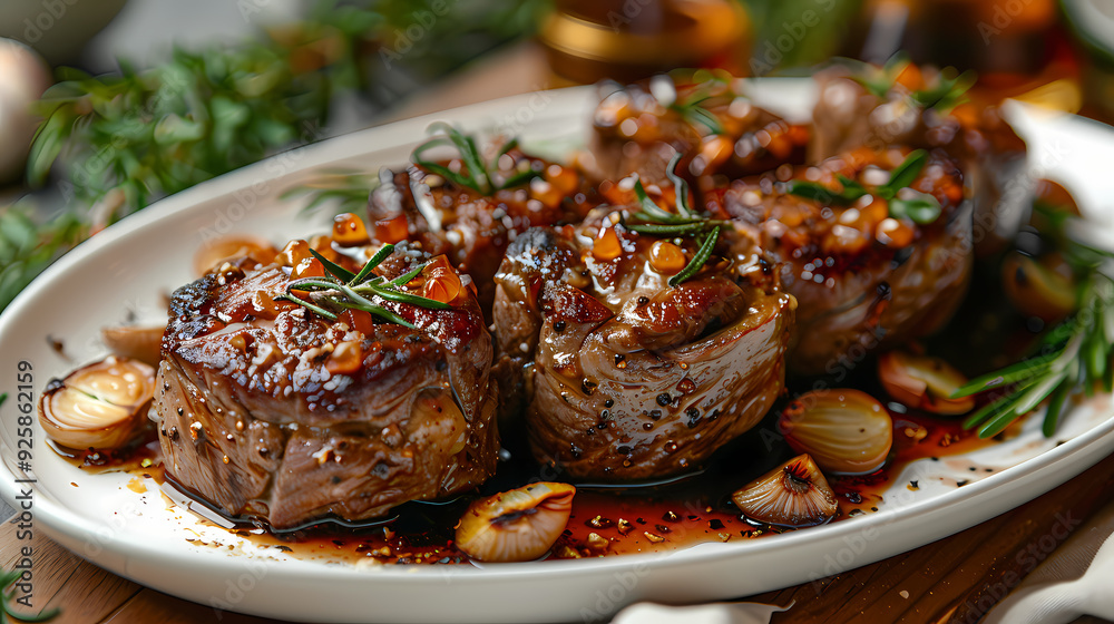 Gigot d'Agneau in a white plate, in a luxurious shop. Gigot d'Agneau in a white plate, in a luxurious shop.