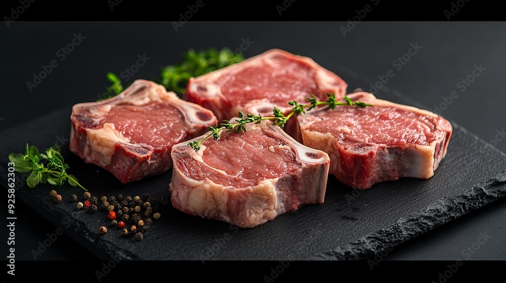 Fresh cuts of beef ribeye steaks on a slate board with herbs Fresh cuts of beef ribeye steaks on a slate board with herbs