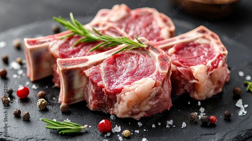Freshly cut lamb chops with herbs and spices on a black slate platter Freshly cut lamb chops with herbs and spices on a black slate platter