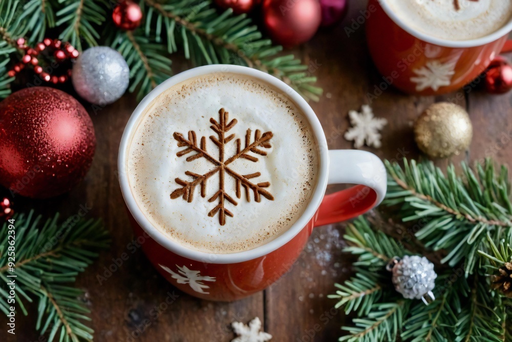A hot drink with a design in the froth surrounded by Christmas decorations. A hot drink with a design in the froth surrounded by Christmas decorations.
