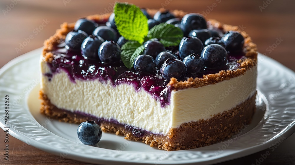 Creamy blueberry cheesecake with a graham cracker crust on a plate Creamy blueberry cheesecake with a graham cracker crust on a plate