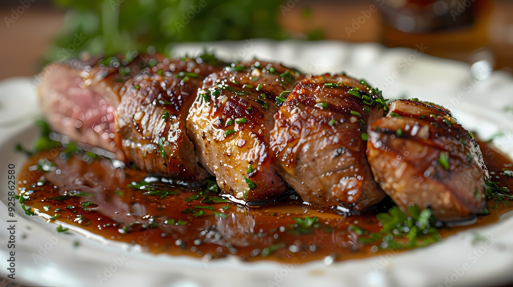 Magret de Canard in a white plate, in a luxurious shop. Magret de Canard in a white plate, in a luxurious shop.