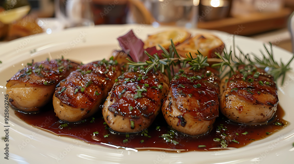 Magret de Canard in a white plate, in a luxurious shop. Magret de Canard in a white plate, in a luxurious shop.