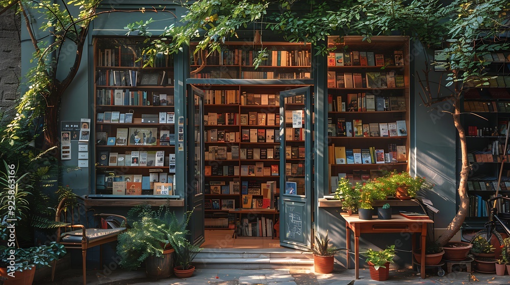 A cozy independent bookstore with a welcoming facade, books displayed in the window, charming entrance with potted plants, warm afternoon sunlight, nostalgic and inviting atmosphere, A cozy independent bookstore with a welcoming facade, books displayed in the window, charming entrance with potted plants, warm afternoon sunlight, nostalgic and inviting atmosphere,