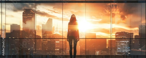 A silhouette of a woman standing by a large window, gazing at a stunning sunset over a city skyline.