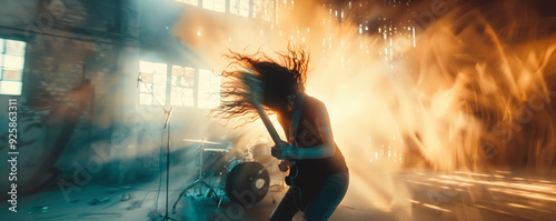 A Female guitar or bass player, soulfully playing a guitar. With heavy motion blur. A guitarist of a girls band. Hand modified, generative AI.  photo