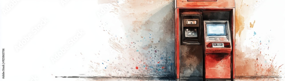 ATM machine dispensing money, urban setting, watercolor style ATM machine dispensing money, urban setting, watercolor style