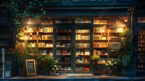 Cozy bookstore in a quaint town, books displayed in the window, inviting entrance with charming decorations, bustling street, vibrant and nostalgic atmosphere, high-definition quality, crisp details.