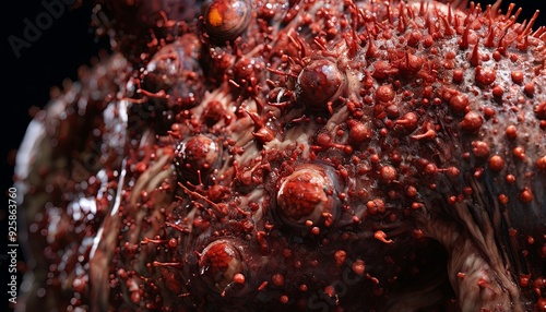 A close up of a red creature with many bumps and red spots photo