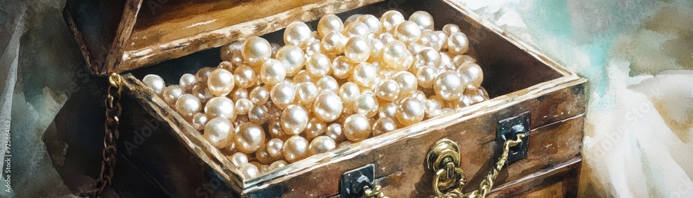 Antique chest filled with pearls and gold, luxurious wealth, watercolor style Antique chest filled with pearls and gold, luxurious wealth, watercolor style