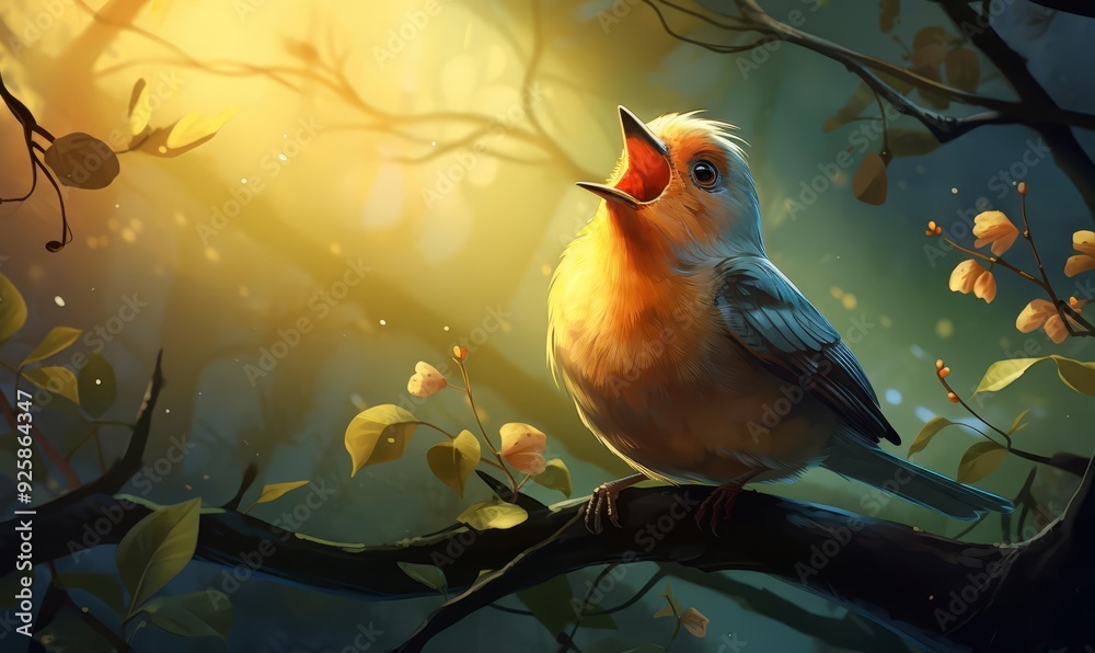 A cheerful bird singing in a tree in a park illustration A cheerful bird singing in a tree in a park illustration