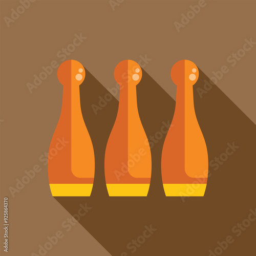 Three orange and yellow bowling pins standing in a row on brown background with long shadow