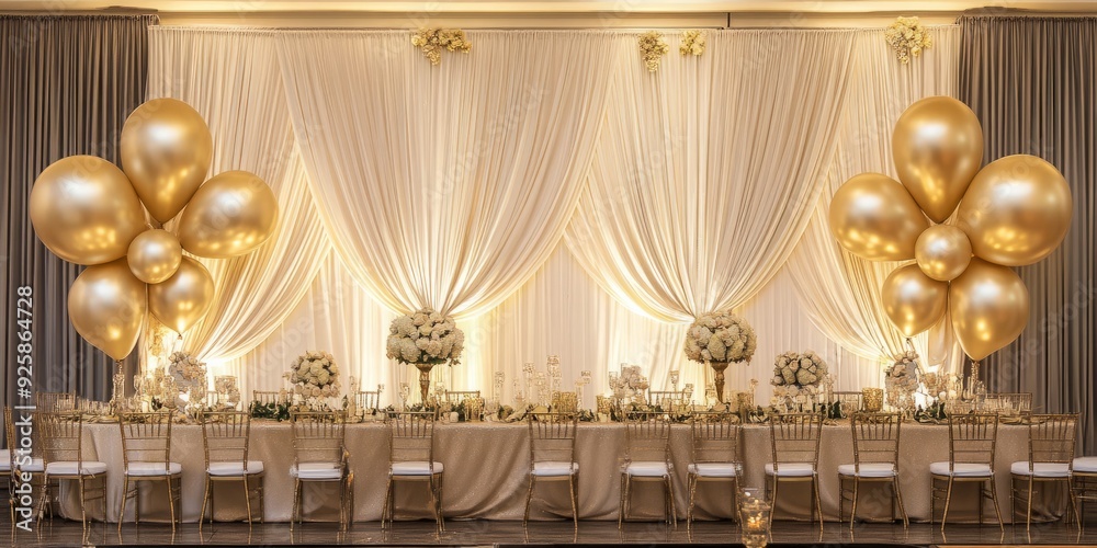 Fototapeta premium Elegance in Bloom: A Wedding Decor Showcase with Draped Curtains and Glittering Gold Balloons