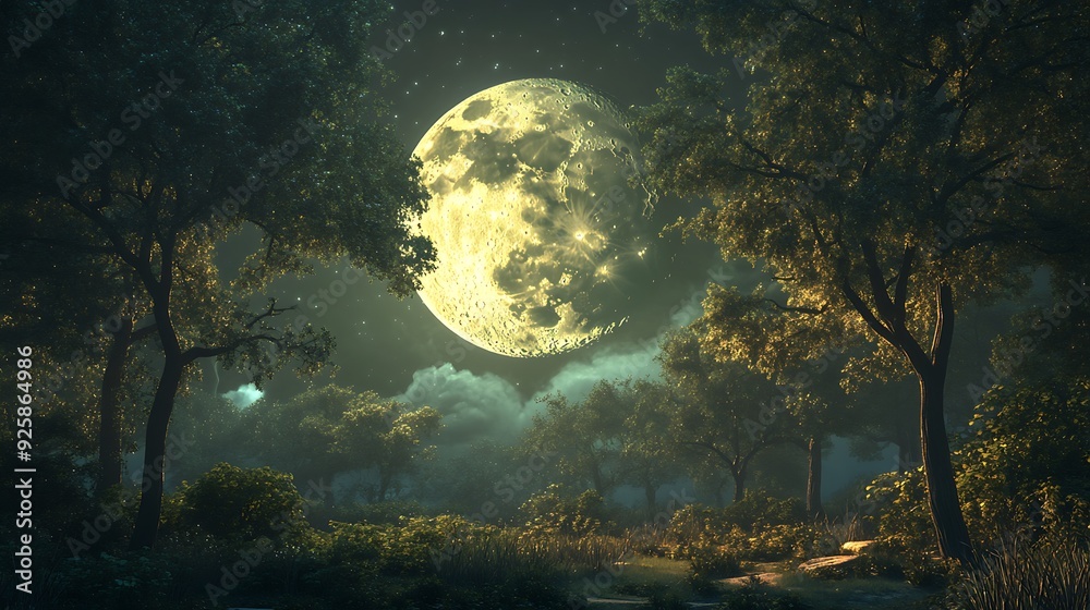A large, full moon hangs in the night sky over a misty forest. A large, full moon hangs in the night sky over a misty forest.
