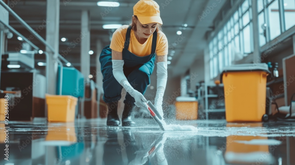 Obraz premium Dedicated and Diligent: A Professional Female Cleaner Washing the Floor with Precision
