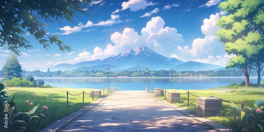 custom made wallpaper toronto digitalLakeside Promenade with a Stunning Mountain View: An Anime-Style Abstract Art for Gaming and Storybook Illustrations in 4K wallpaper, book illustrations and picture books